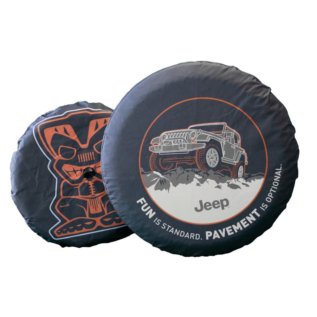 Custom tire covers by Elasama Inc.: Jeep logo and tribal statue decal designs, showcasing automotive sewing craftsmanship.