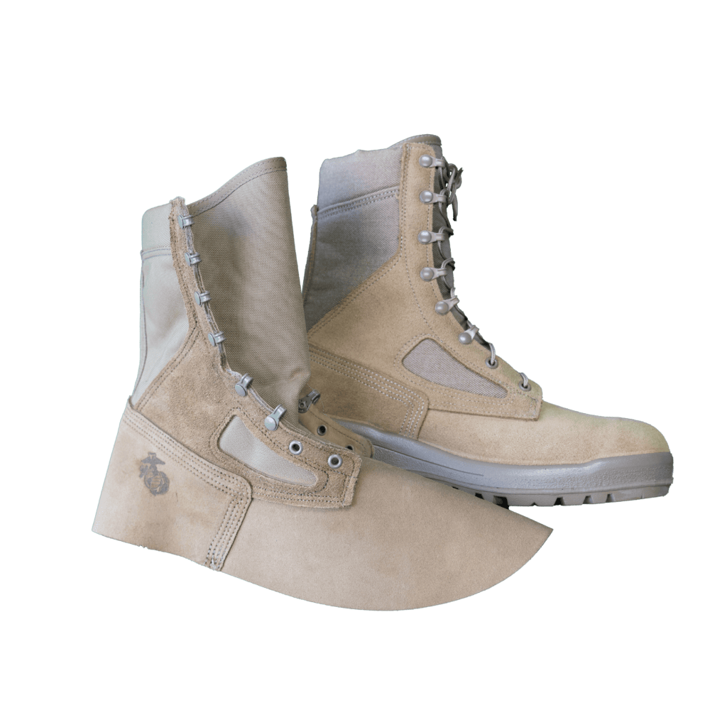 Rugged military combat boots with reinforced stitching and ankle support, manufactured by Elasama Inc., a defense contract sewing company.